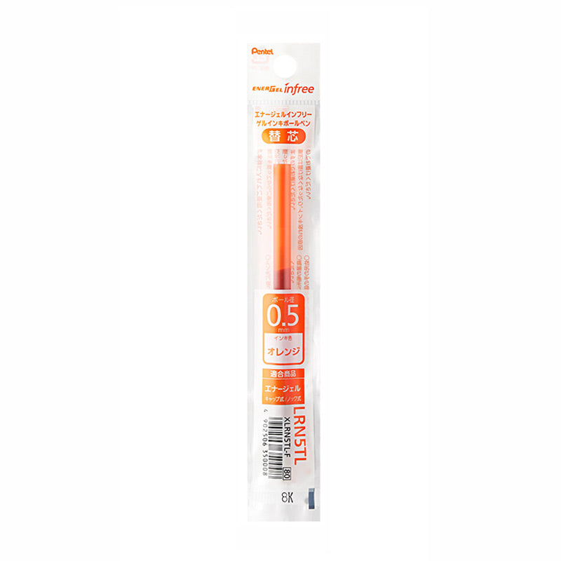 Orange Pentel EnerGel Infree LRN5TL 0.5mm gel pen refill in its package