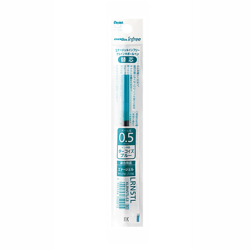Turquoise Blue Pentel EnerGel Infree LRN5TL 0.5mm gel pen refill in its package