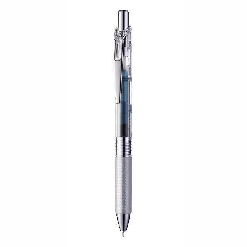 Blue Black Pentel EnerGel Infree 0.5mm retractable gel pen with a transparent barrel, chrome clip and textured grip