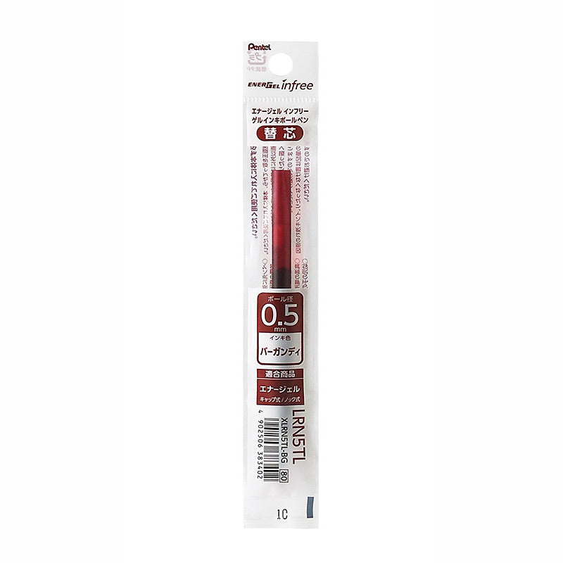 Burgundy Pentel EnerGel Infree LRN5TL 0.5mm gel pen refill in its package