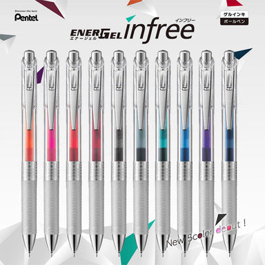 Row of ten EnerGel Infree transparent gel pens showing the full color lineup with chrome clips and textured grips