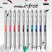 Row of ten EnerGel Infree transparent gel pens showing the full color lineup with chrome clips and textured grips