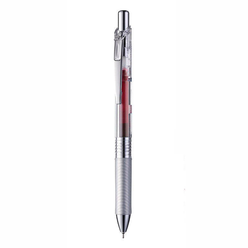 Burgundy Pentel EnerGel Infree 0.5mm retractable gel pen with a transparent barrel, chrome clip and textured grip