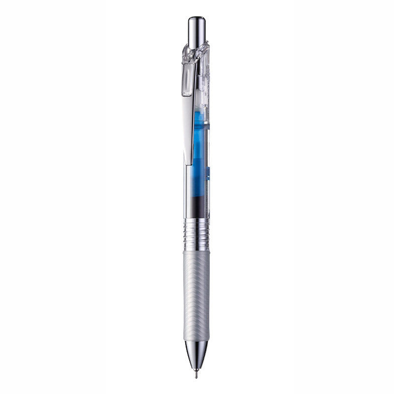 Blue Pentel EnerGel Infree 0.5mm retractable gel pen with a transparent barrel, chrome clip and textured grip