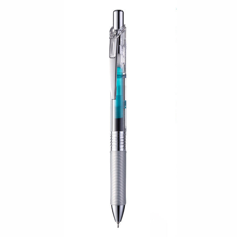Turquoise Blue Pentel EnerGel Infree 0.5mm retractable gel pen with a transparent barrel, chrome clip and textured grip