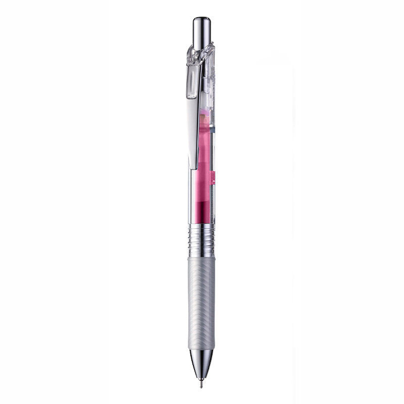 Pink Pentel EnerGel Infree 0.5mm retractable gel pen with a transparent barrel, chrome clip and textured grip