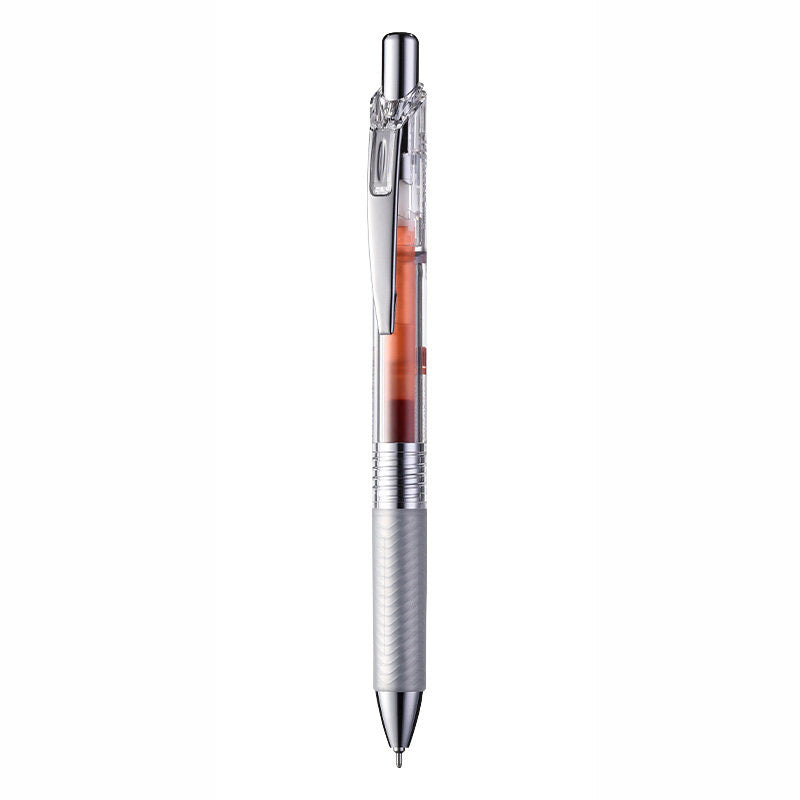 Orange Pentel EnerGel Infree 0.5mm retractable gel pen with a transparent barrel, chrome clip and textured grip