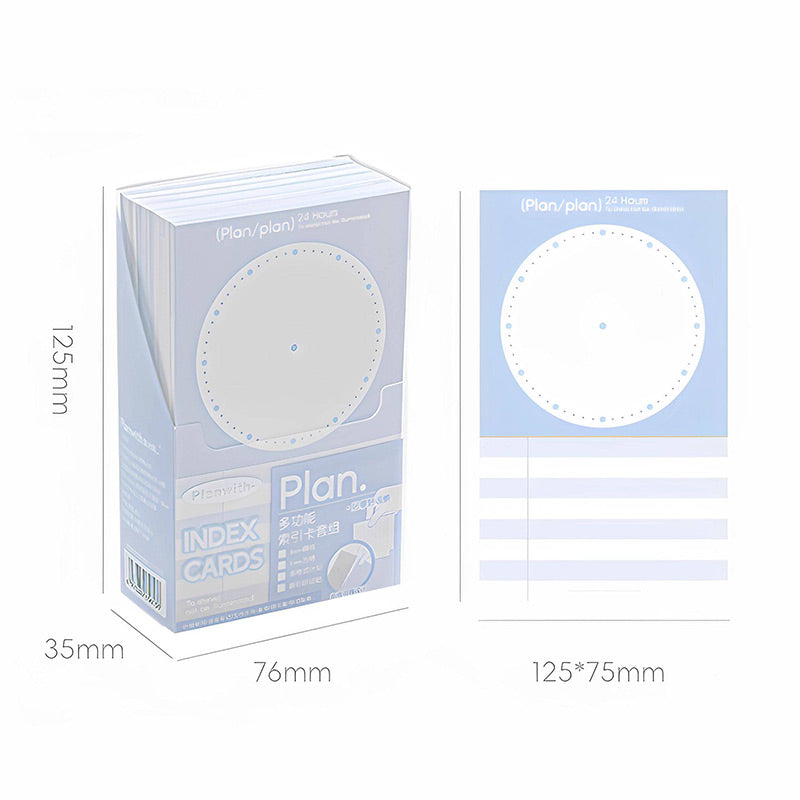 Index card box measuring 125mm high, 76mm wide and 35mm deep beside a 125x75mm card with a 24-hour circle