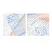 Peeling a blue label sticker from the sticker sheet and placing it on a handwritten notebook page