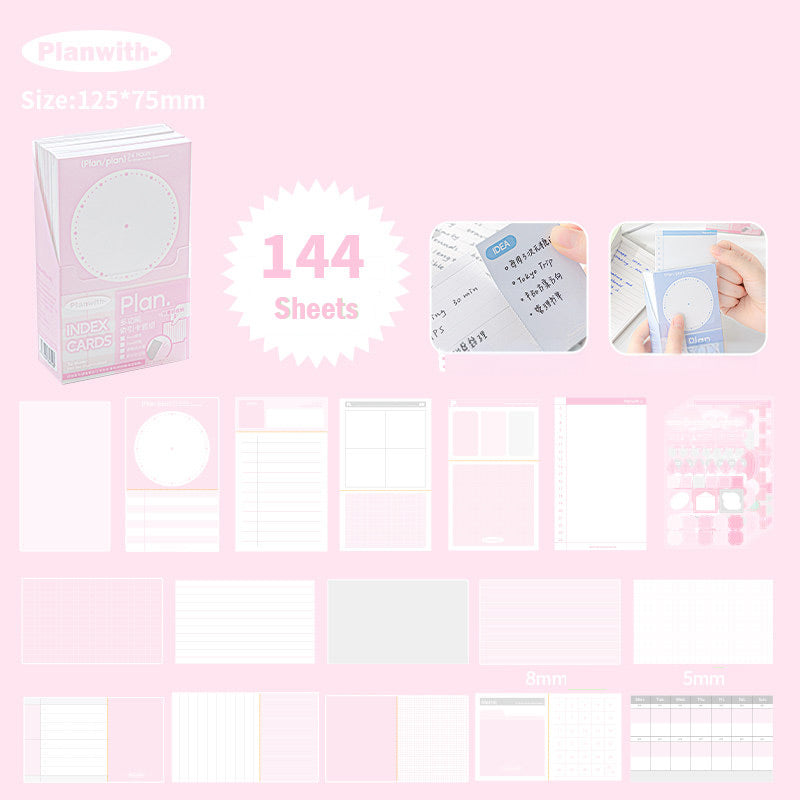 Pink boxed index card set with 144 sheets, 125x75mm cards and sixteen pre-printed planner layouts