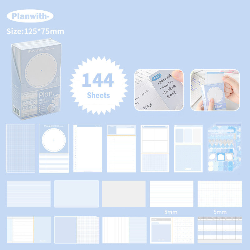 Blue boxed index card set with 144 sheets, 125x75mm cards and sixteen pre-printed planner layouts