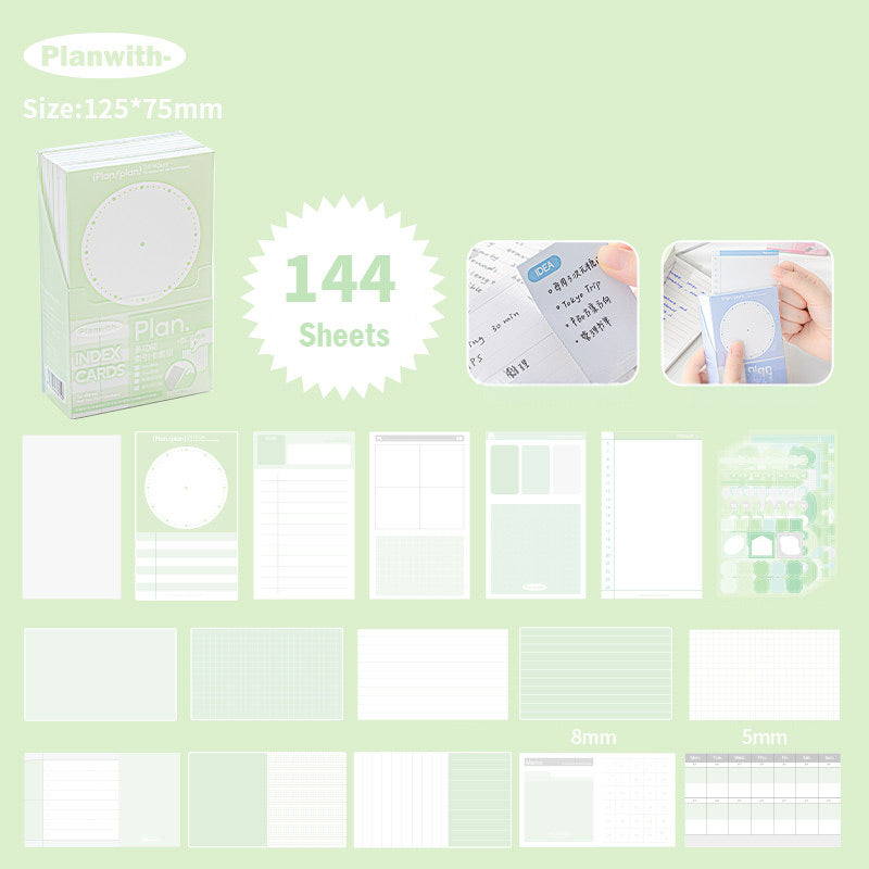 Green boxed index card set with 144 sheets, 125x75mm cards and sixteen pre-printed planner layouts