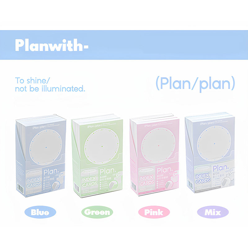 Blue, green, pink and mix index card boxes lined up side by side to show the four colour options