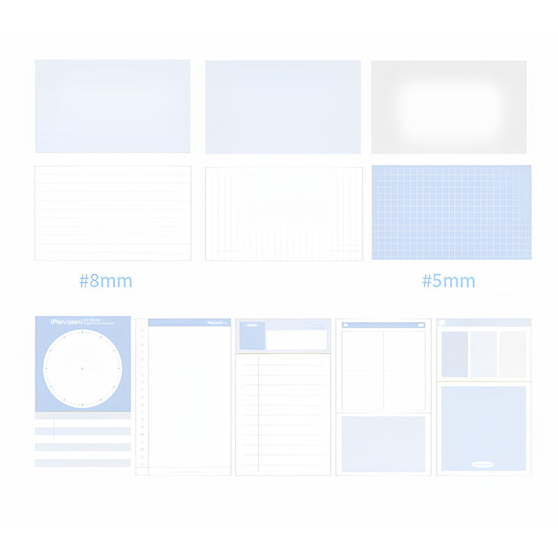 Blue index card layouts including 8mm lined, 5mm grid, 24-hour circle, to-do and four-grid templates