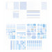 Blue pre-printed index cards and self-adhesive sticker sheets with arrows, numbers, labels and headers
