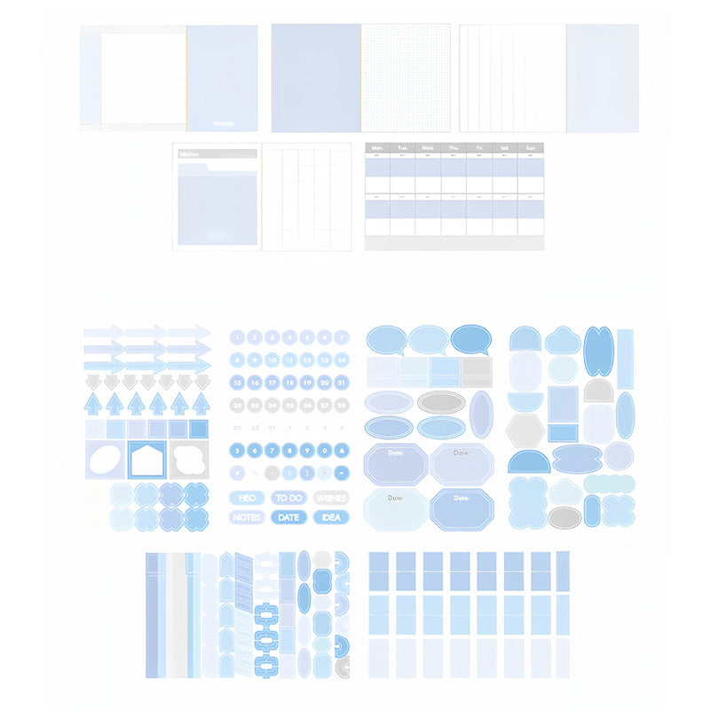 Blue pre-printed index cards and self-adhesive sticker sheets with arrows, numbers, labels and headers