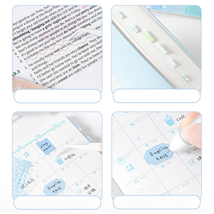 Four-panel collage showing a light blue sticky note pad or planner sticker set in use: highlighting a book page, placing sticky notes on a notebook, labeling a calendar, and writing on a planner page with a white pen.