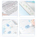 Four-panel collage showing a light blue sticky note pad or planner sticker set in use: highlighting a book page, placing sticky notes on a notebook, labeling a calendar, and writing on a planner page with a white pen.