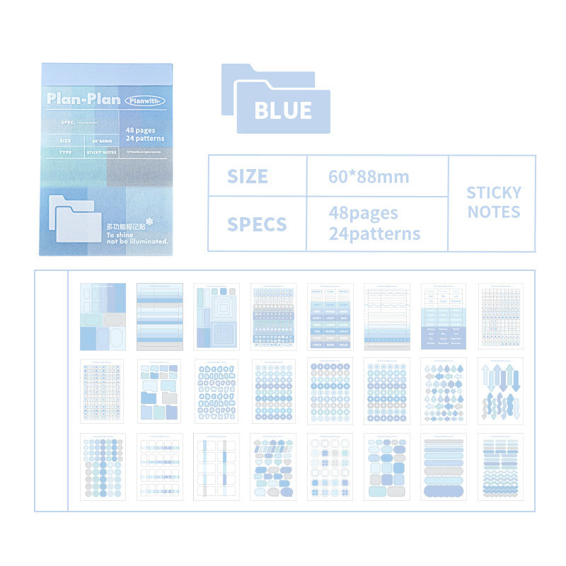 Blue multi-functional sticky notes set by Plan-Plan, featuring 48 pages and 24 patterns, shown with its packaging and a grid of sample note designs on a light blue background.