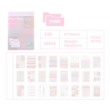 Pink and white promotional graphic for a planner sticky note pad labeled Plan-Plan, showing the product box, a pink folder icon, size/specs information, and a grid of sample sticky note designs.
