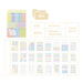 A pastel stationery sticker set packaging and sample sheet display for Plan-Plan, showing a small notebook-style planner sticker pack, a folder icon labeled MIX, size/specs text, and a grid of many pastel sticky note and label designs.