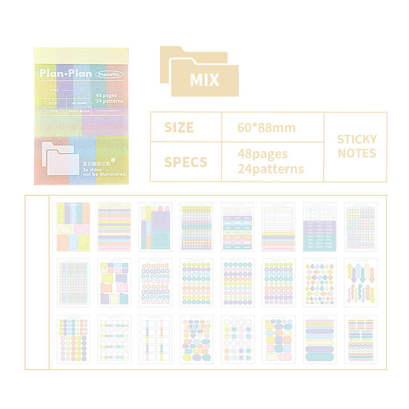 A pastel stationery sticker set packaging and sample sheet display for Plan-Plan, showing a small notebook-style planner sticker pack, a folder icon labeled MIX, size/specs text, and a grid of many pastel sticky note and label designs.