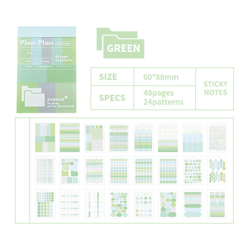 Sticky notes product with green color scheme and various design patterns on a white background.