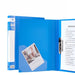 Blue A4 folder Type Single Heavy-Duty Clip + Inside Pocket—spine and open view with pocket and clip.