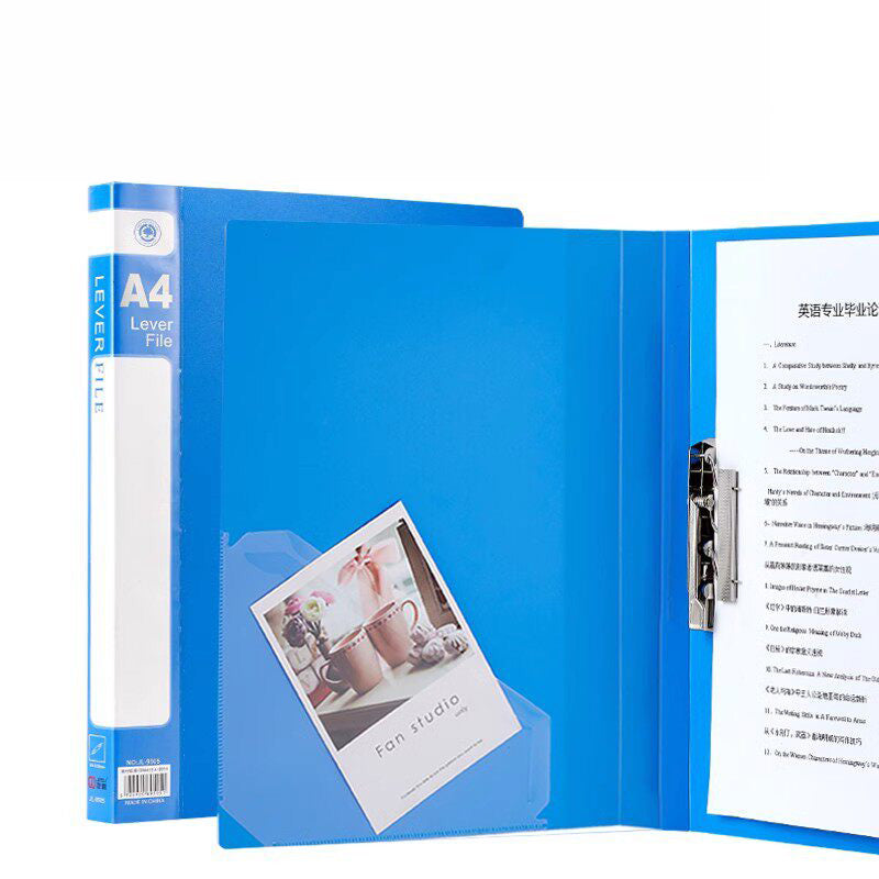 Blue A4 folder Type Single Heavy-Duty Clip + Inside Pocket—spine and open view with pocket and clip.