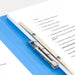 Close-up of silver spring clip securing literature list papers in a blue A4 folder.
