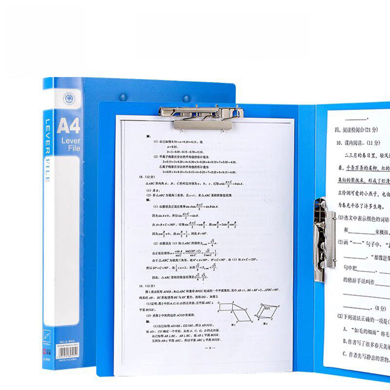 Blue A4 folder Type Dual Heavy-Duty Clips—open upright holding exam papers with two metal clips.
