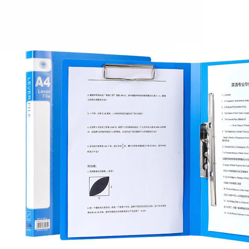 Blue A4 folder Type Top Clipboard Clip + Side Long Clamp—open with top bar and side lever clips.