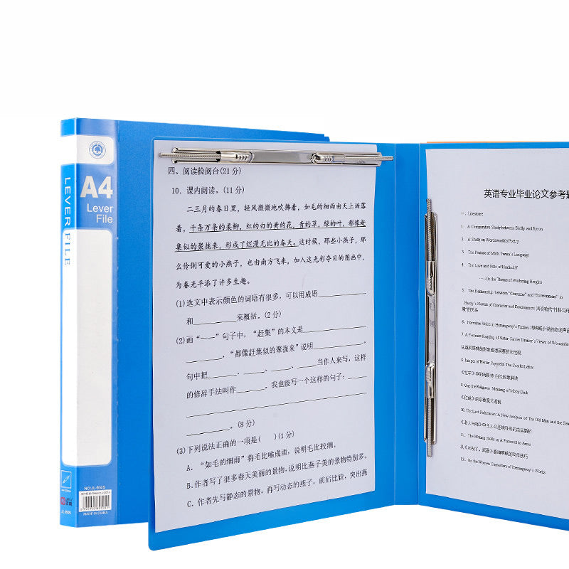 Blue A4 folder Type Dual Spring Clips—open with horizontal and vertical metal clips holding papers.