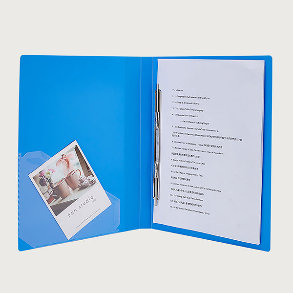 Blue A4 folder Type Single Spring Clip + Inside Pocket—open flat with pocket card and papers.