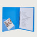 Blue A4 folder Type Single Spring Clip + Inside Pocket—open flat with pocket card and papers.