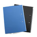 Closed blue and black A4 clip folders stacked, showing silver rivets on the cover edge.