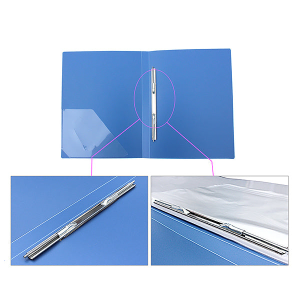 Open blue folder with clear corner pocket; close-ups of silver spring clip locking bars.