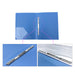 Open blue folder with clear corner pocket; close-ups of silver spring clip locking bars.