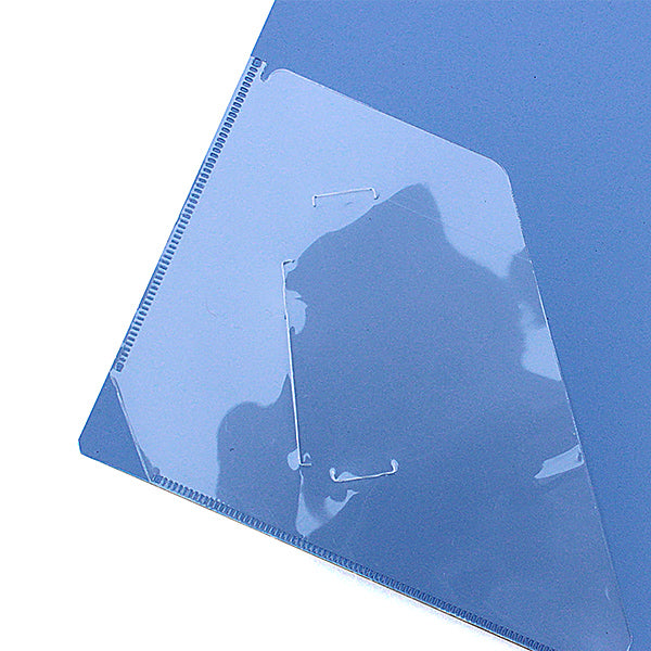 Close-up of clear diagonal pocket and card slot on blue folder cover corner.