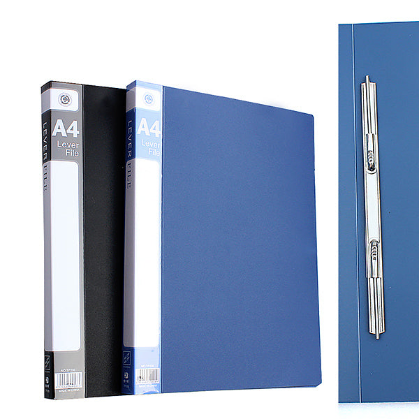 Black and blue A4 Lever File spines side by side with inset of vertical silver spring clip.
