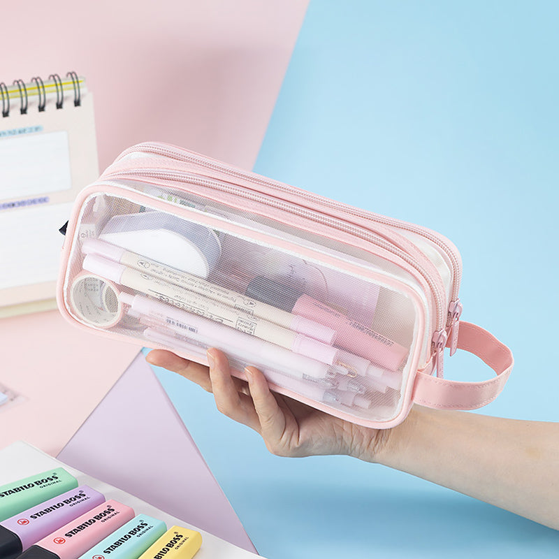 Transparent Mesh Double Zippers Rectangular Pencil Case — A Lot Mall