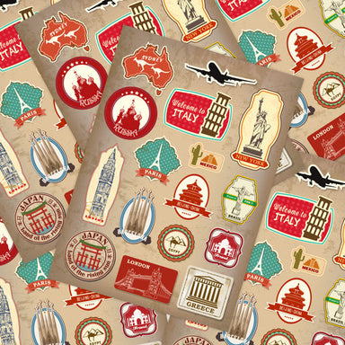 Travel Landmarks Retro Style Luggage Stickers, Set D - 16 pieces, Sticker
