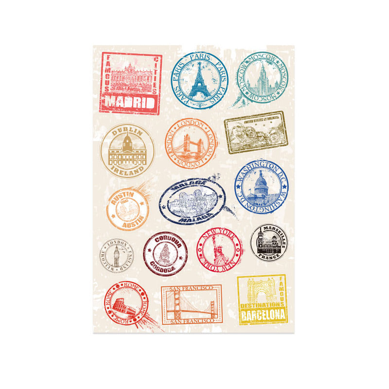 Travel Landmarks Retro Style Luggage Stickers, Set F -16 pieces, Sticker