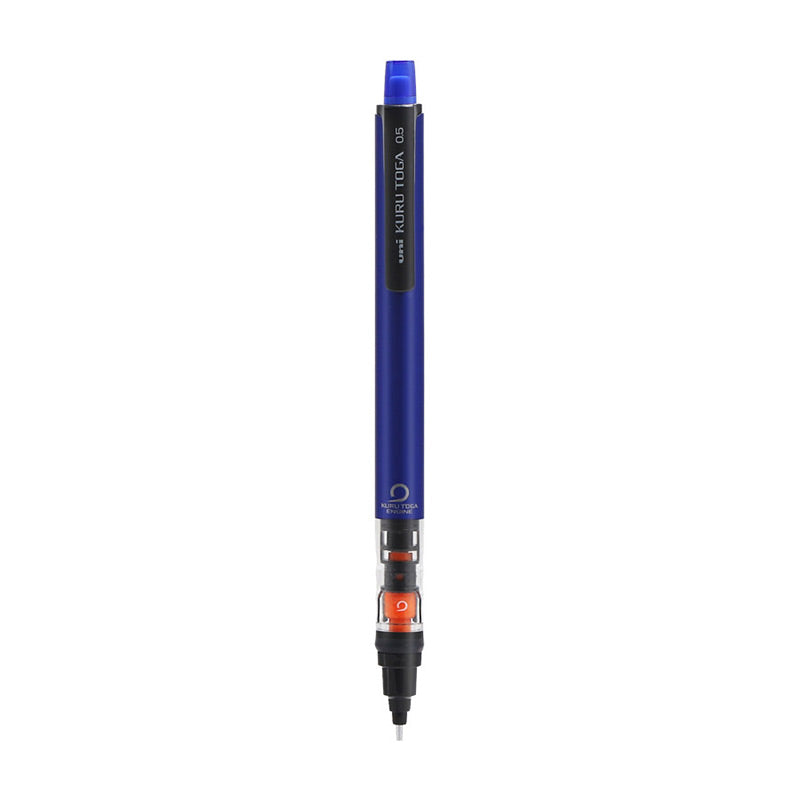 Blue Uni Kuru Toga 0.5 mm pencil (M5-452) with black uni KURU TOGA clip and clear orange engine grip.
