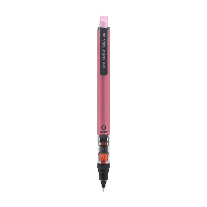 Pink Uni Kuru Toga 0.5 mm pencil (M5-452) with black uni KURU TOGA clip and clear orange engine grip.
