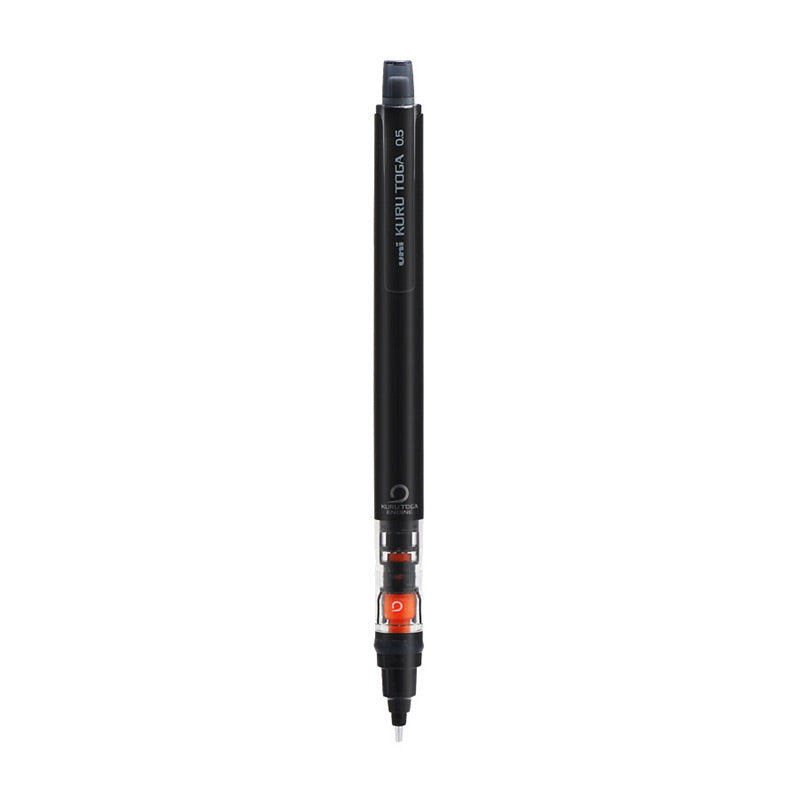Black Uni Kuru Toga 0.5 mm pencil (M5-452) with black uni KURU TOGA clip and clear orange engine grip.