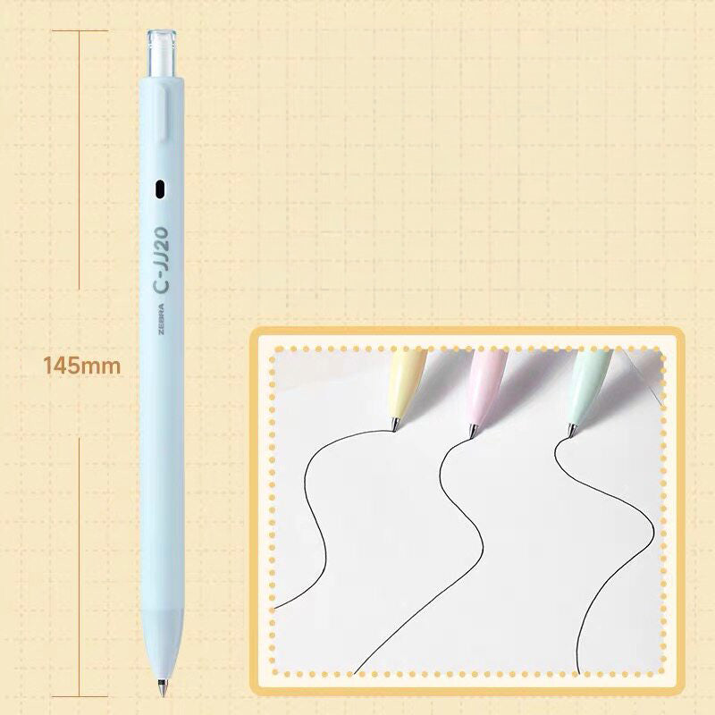 Pastel blue C-JJ20 gel pen about 145mm long with a 0.5mm tip and smooth wavy ink lines on paper
