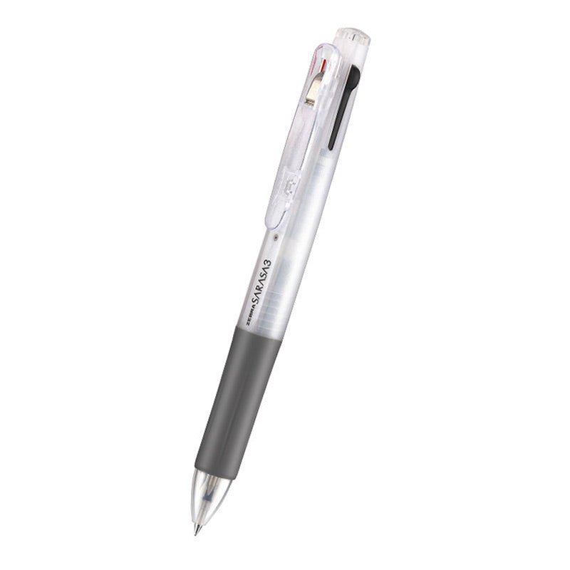 Frosted clear white 3-color gel ink multi pen with a grey grip and a silver clip, 0.5mm and 143mm labels