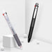 A clear-barrel multi pen and a black multi pen standing on white blocks in a bright studio set