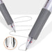 Close-up of the pen tips with a grey grip, and a squiggly gel ink line drawn on white paper